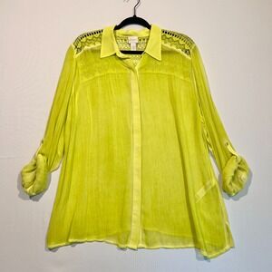 Chico's Button Down Blouse Lace Sheer Roll Tab Overlay Neon Yellow Size 3 US XL